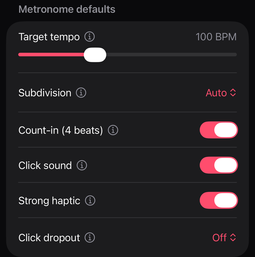 Metronome settings on iPhone: target tempo, subdivision, count-in, click sound, strong haptic and click dropout