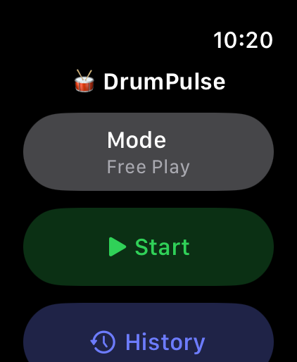 DrumPulse start screen on Apple Watch with the Mode button set to Free Play and a green Start button