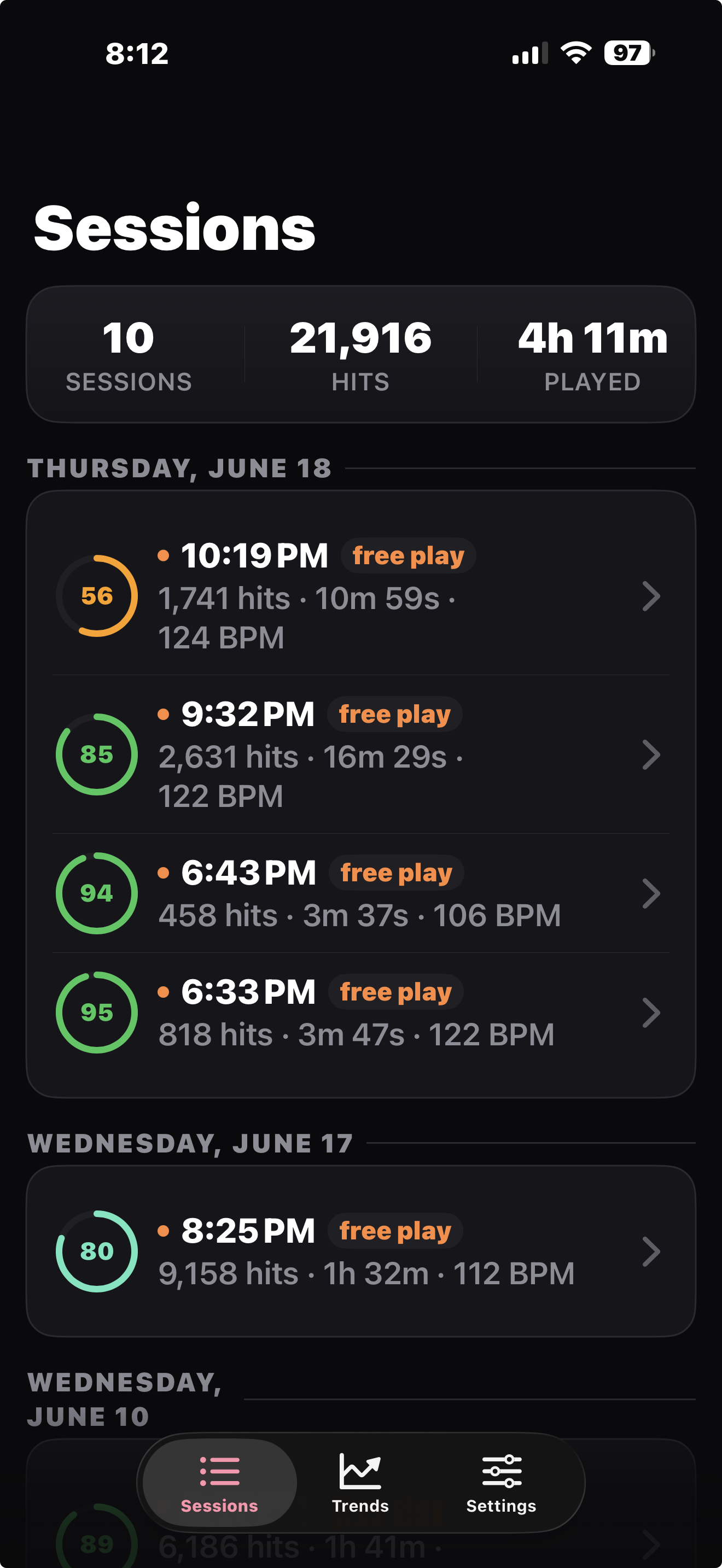 DrumPulse Sessions list on iPhone showing 10 sessions and 21,916 hits