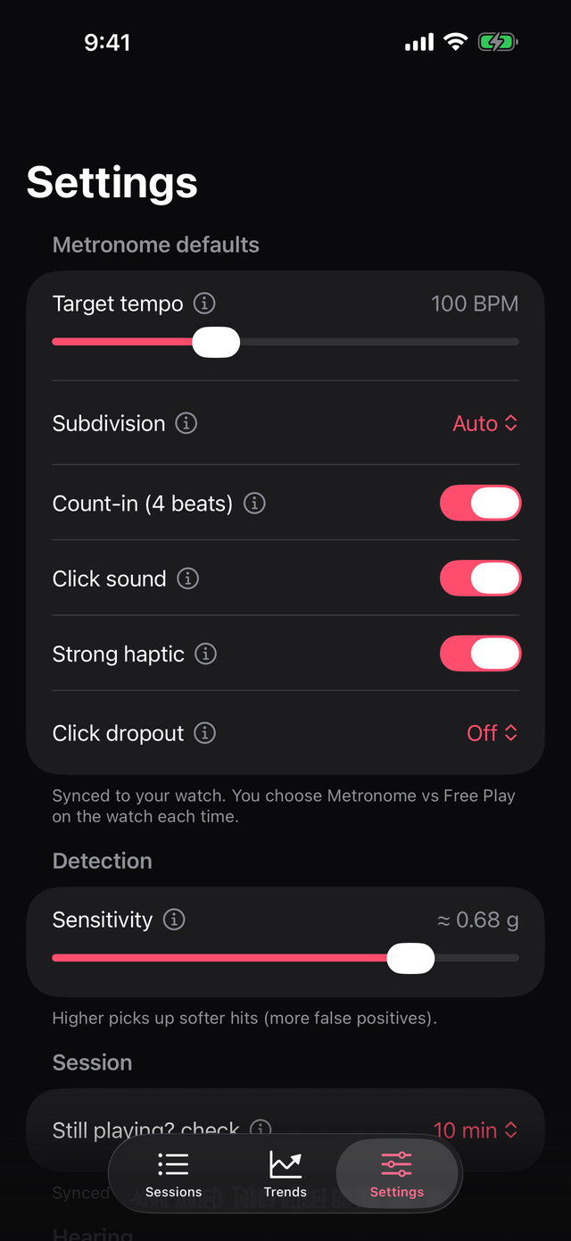 DrumPulse settings on iPhone: target tempo, subdivision, count-in, click sound, strong haptic, click dropout and hit sensitivity, all synced to the watch