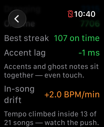DrumPulse in-song tempo drift readout on Apple Watch