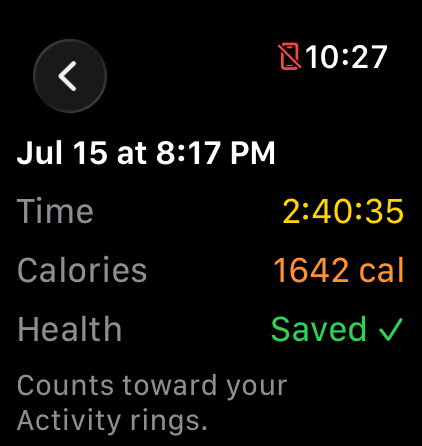DrumPulse recap on Apple Watch showing session time, calories, and Health Saved with a note that it counts toward your Activity rings