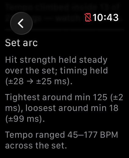 DrumPulse set arc recap on Apple Watch — strength, timing, and tempo range across the set